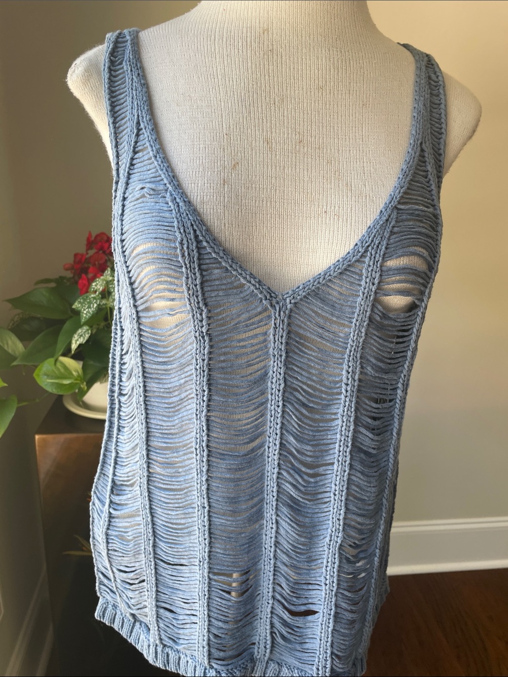 Light Blue Open-Knit V-Neck Swim Coverup Tank